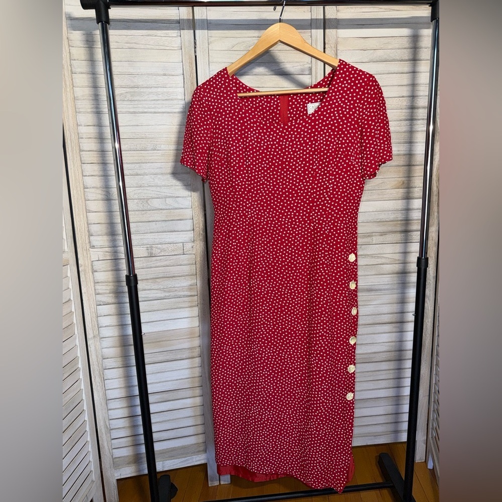 EUC | Vintage 1980s Casual Corner Red Polka Dot Midi Dress - Side Button Size 8 - Picture 2 of 5